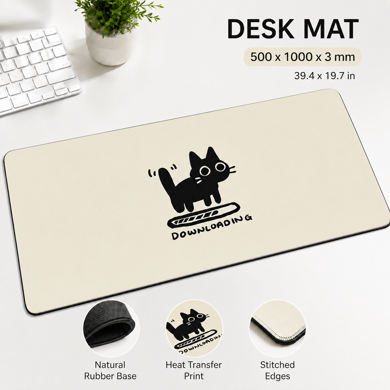 Black Cat Downloading Large Desk Mat – Cute Non-Slip Mouse Pad