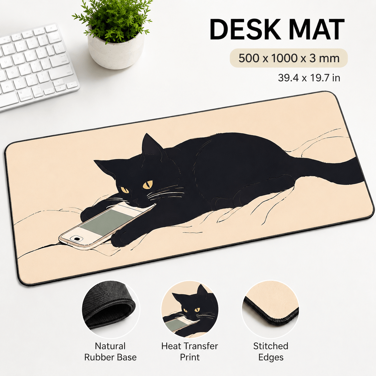 Black Cat Scroll Break Large Desk Mat – Non-Slip Extended Mouse Pad