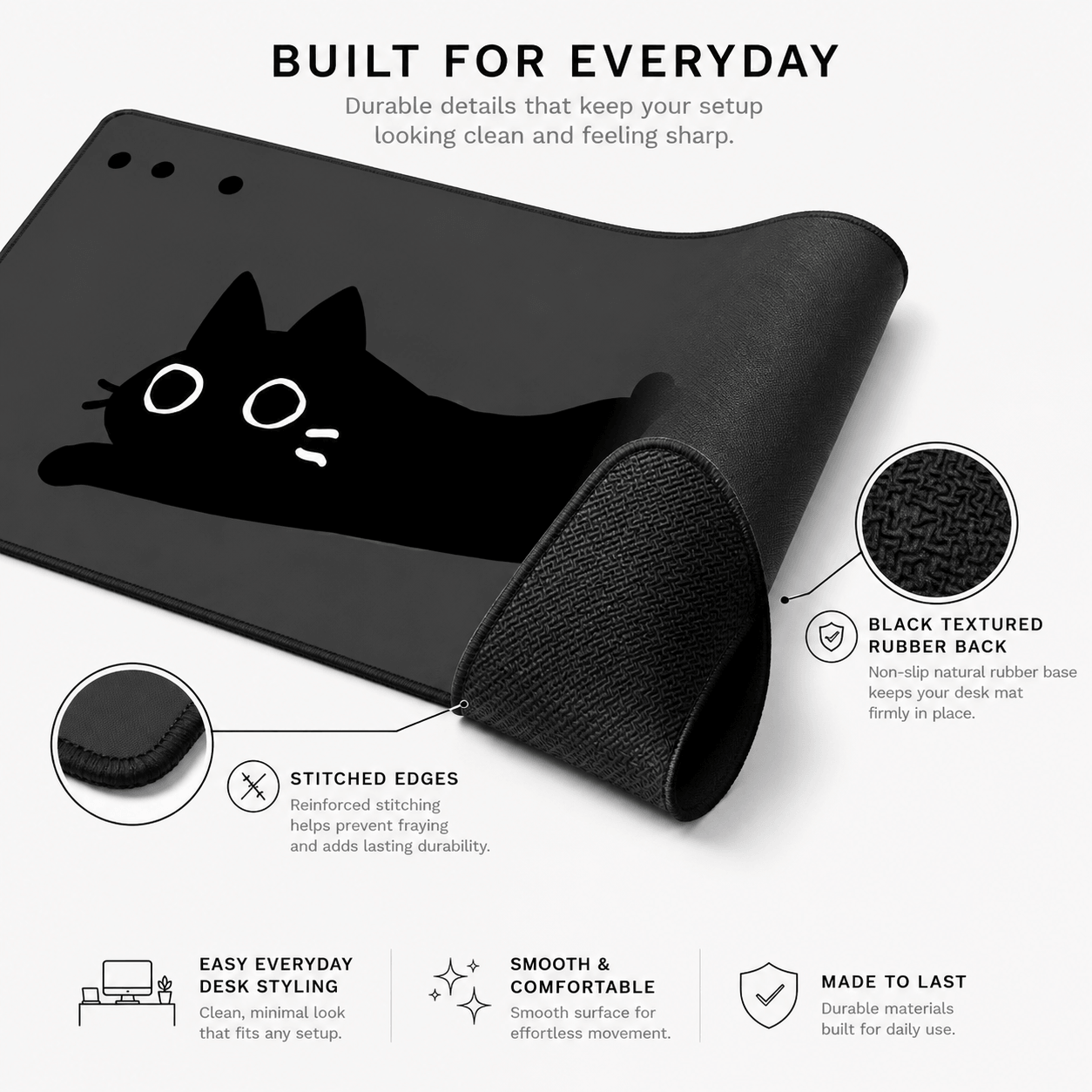 Minimal Black Cat Large Desk Mat – Non-Slip Extended Mouse Pad