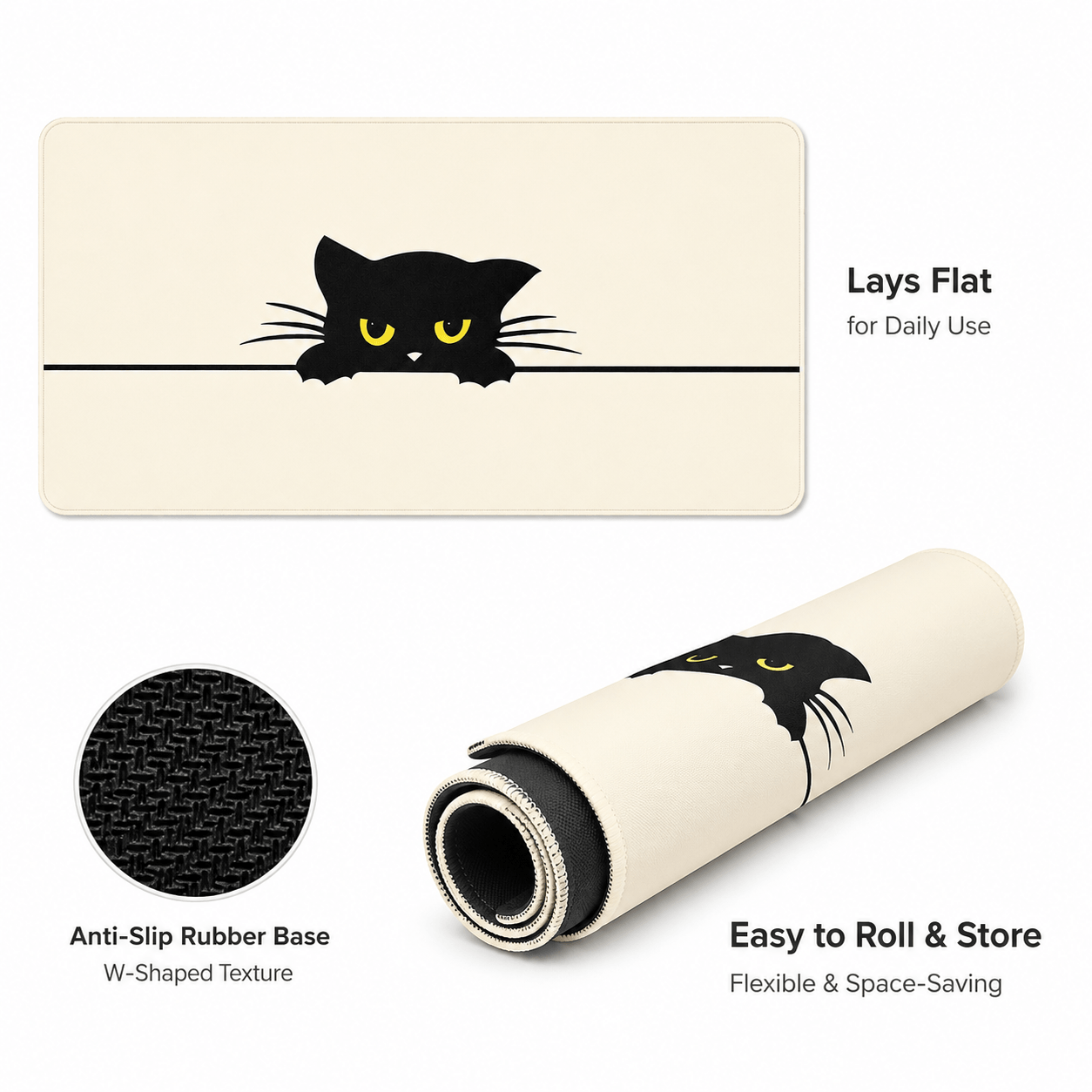 Peeking Black Cat Large Desk Mat – Non-Slip Extended Mouse Pad