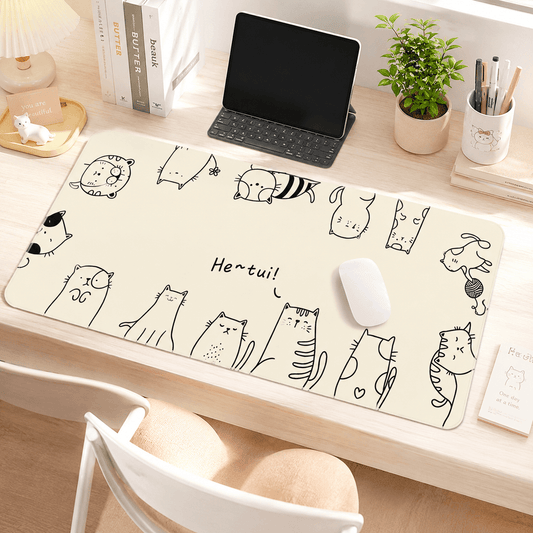 Cute Line-Art Cats Large Desk Mat – Non-Slip Extended Mouse Pad