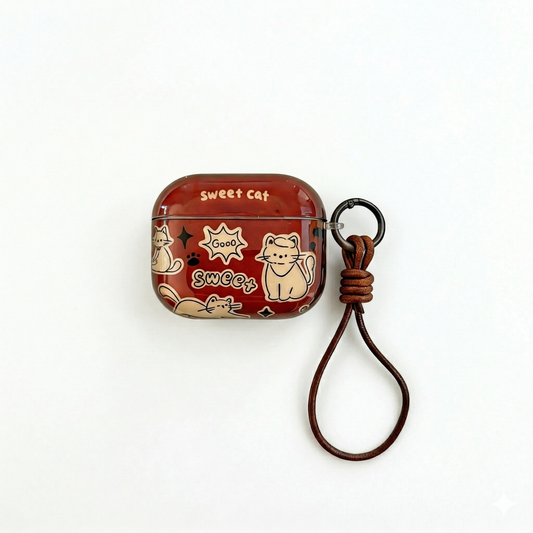 Sweet Cat AirPods Case with Knotted Leather Lanyard – Glossy Brown & Everyday Charm