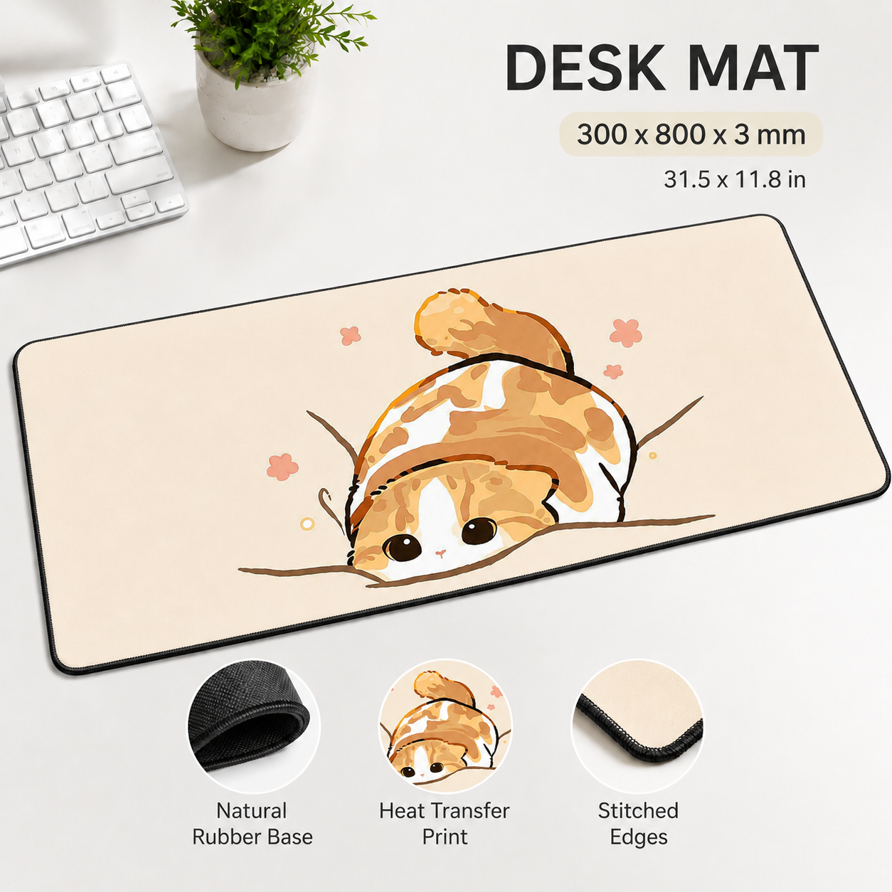 Cozy Orange Cat Large Desk Mat – Non-Slip Extended Mouse Pad