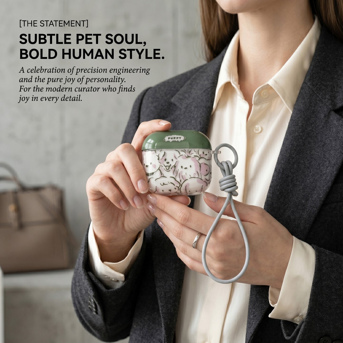 Cute Puppy Print AirPods Case with Detachable Gray Wrist Strap – Everyday Carry or Perfect Gift
