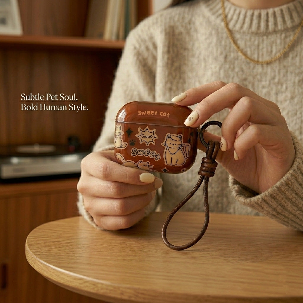 Sweet Cat AirPods Case with Knotted Leather Lanyard – Glossy Brown & Everyday Charm