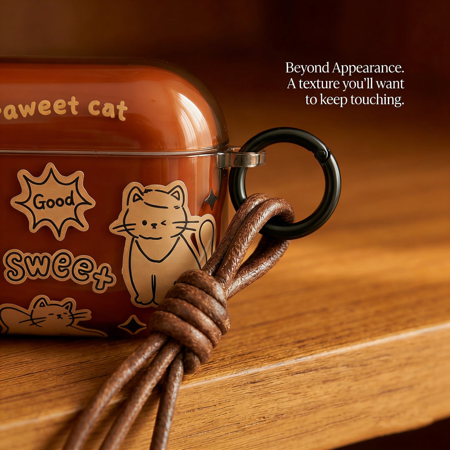 Sweet Cat AirPods Case with Knotted Leather Lanyard – Glossy Brown & Everyday Charm