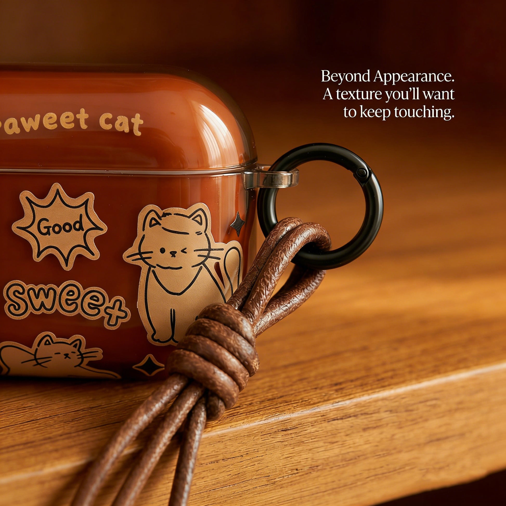Sweet Cat AirPods Case with Knotted Leather Lanyard – Glossy Brown & Everyday Charm