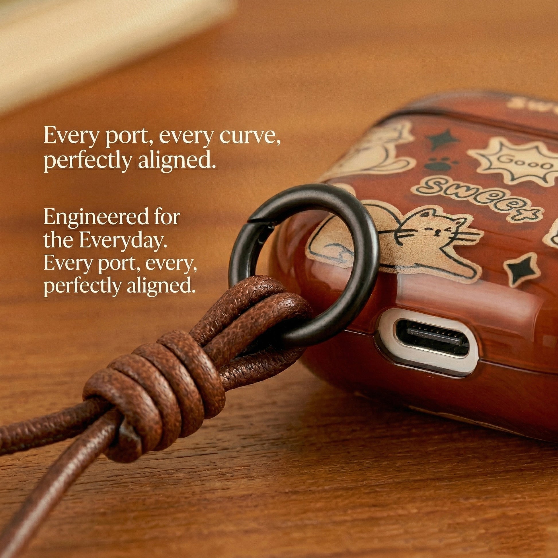 Sweet Cat AirPods Case with Knotted Leather Lanyard – Glossy Brown & Everyday Charm
