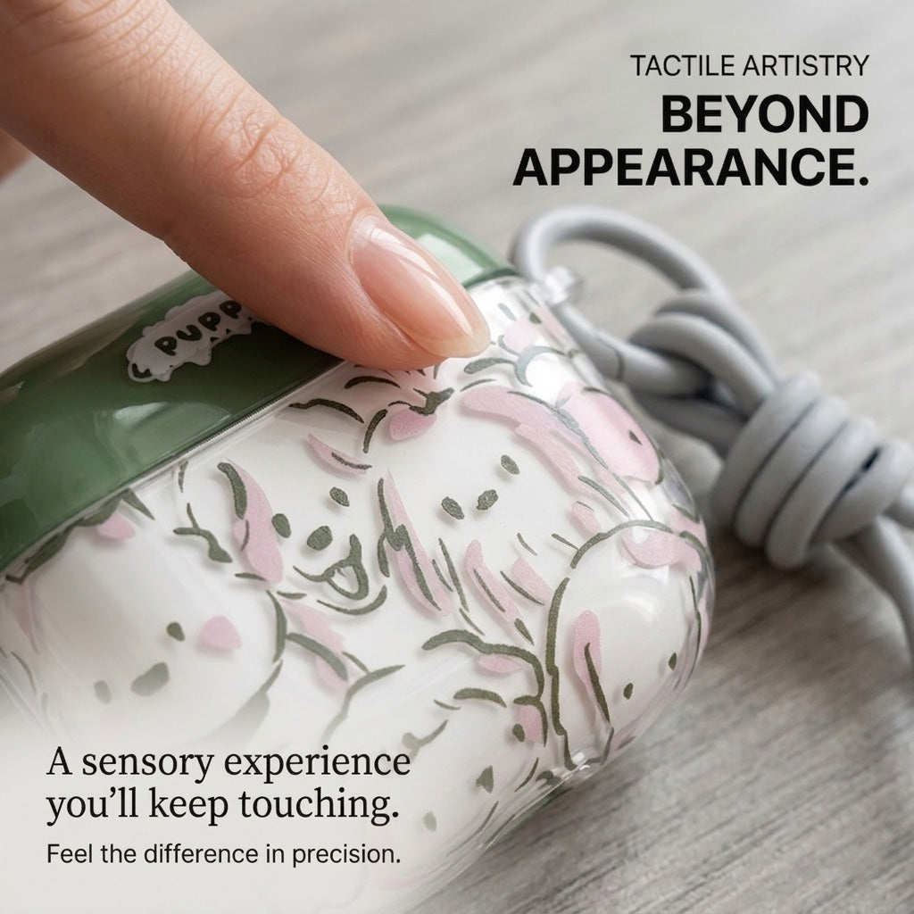 Cute Puppy Print AirPods Case with Detachable Gray Wrist Strap – Everyday Carry or Perfect Gift