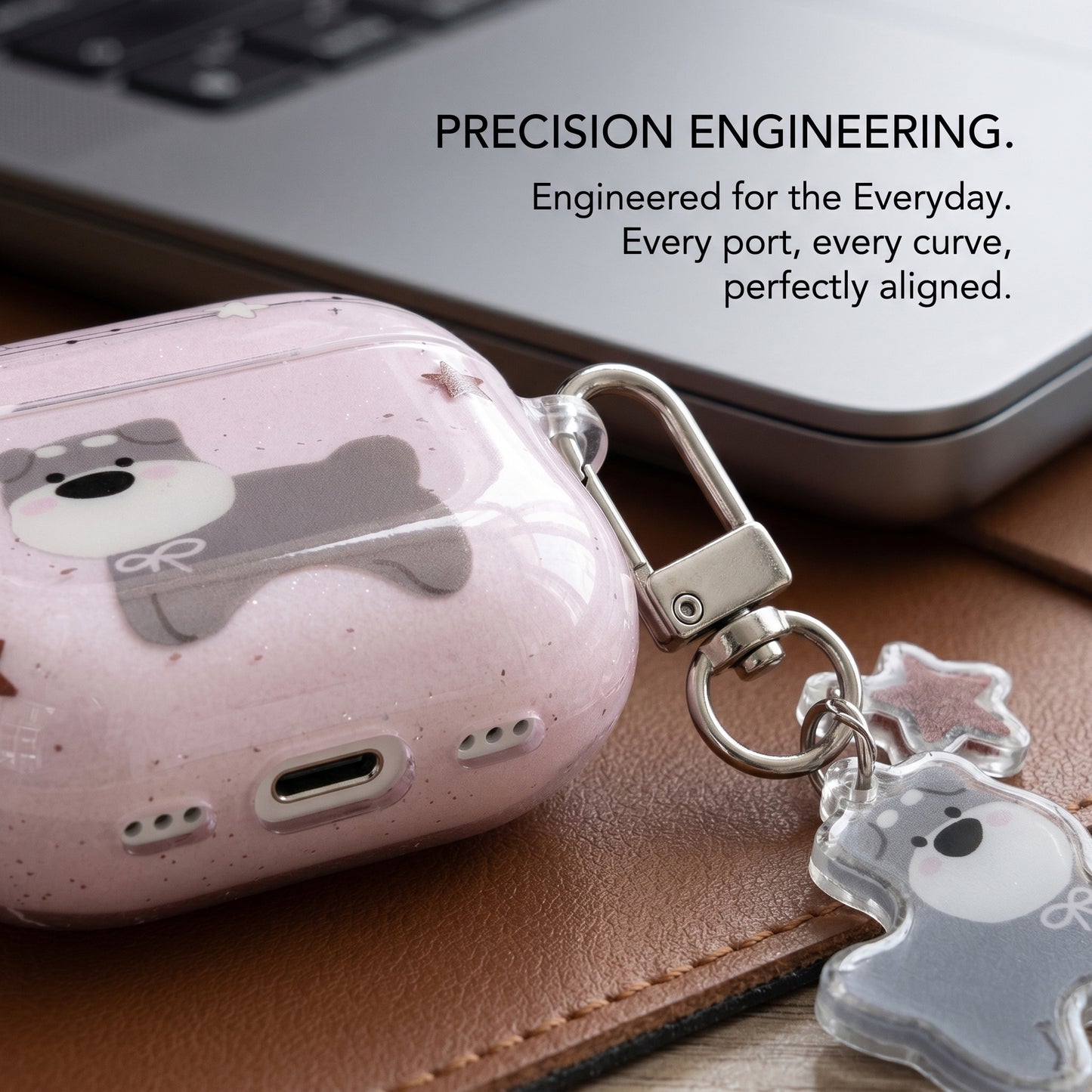 Cute Pink Dog AirPods Case with Detachable Dog Keychain – Everyday Carry or Perfect Gift