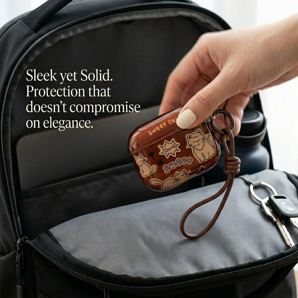 Sweet Cat AirPods Case with Knotted Leather Lanyard – Glossy Brown & Everyday Charm