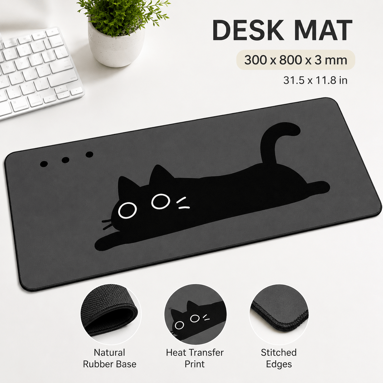 Minimal Black Cat Large Desk Mat – Non-Slip Extended Mouse Pad