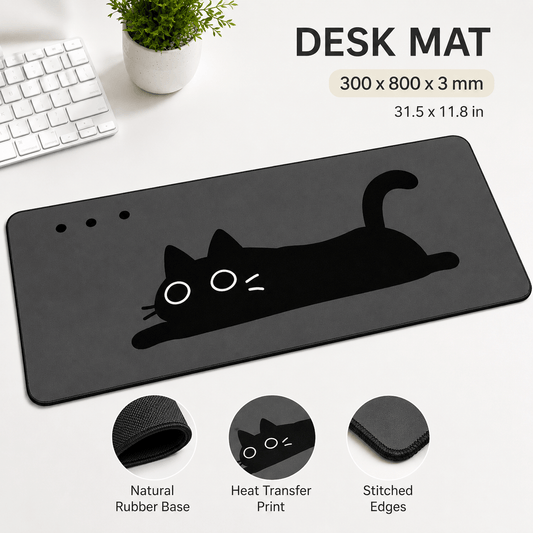 Minimal Black Cat Large Desk Mat – Non-Slip Extended Mouse Pad