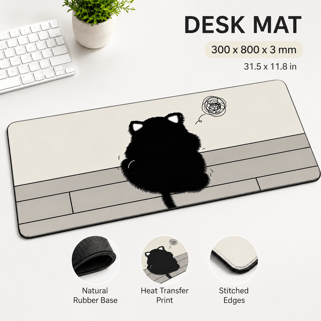 Fluffy Black Cat Large Desk Mat – Non-Slip Extended Mouse Pad for Cozy Desks