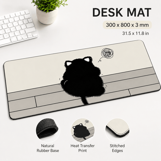 Fluffy Black Cat Large Desk Mat – Non-Slip Extended Mouse Pad for Cozy Desks