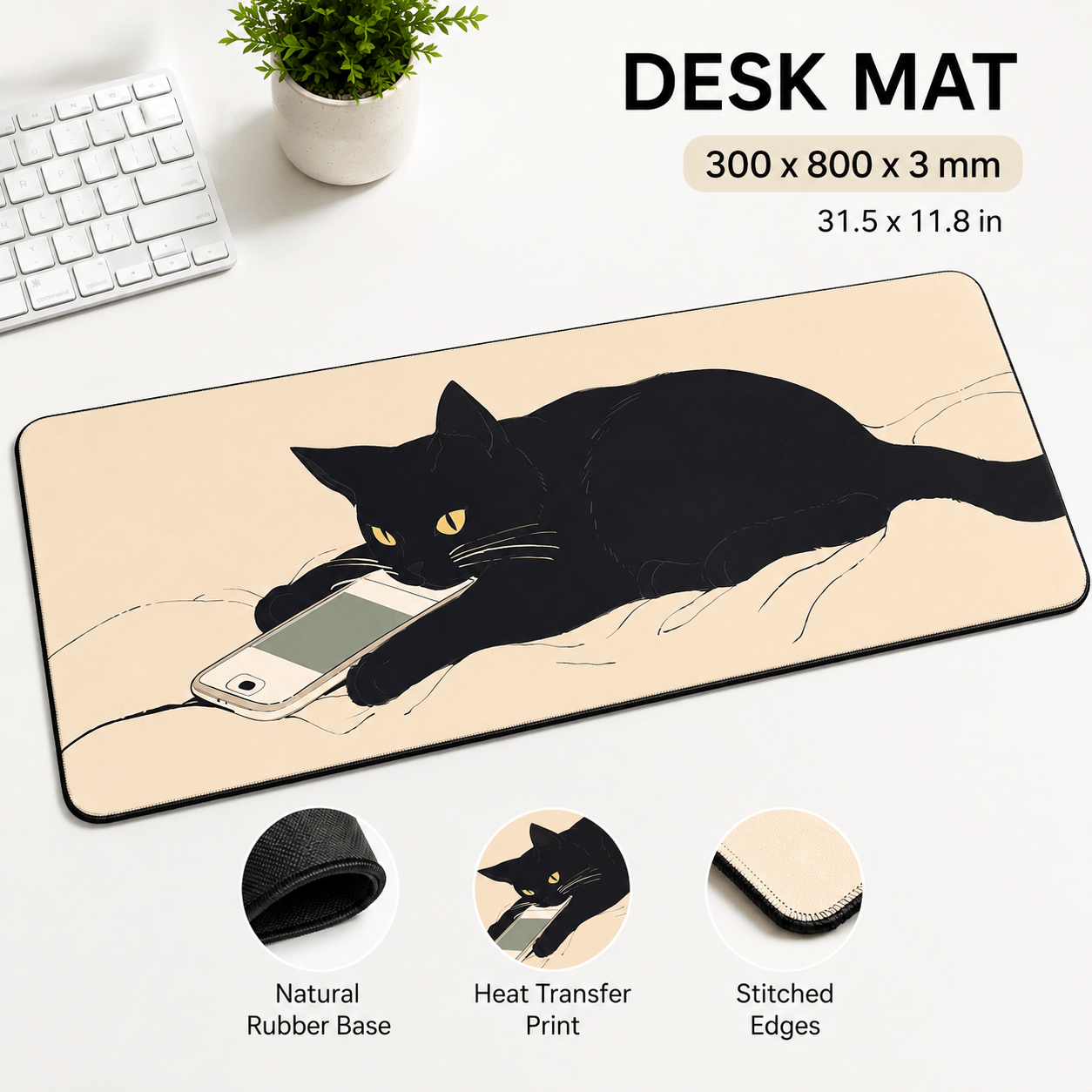 Black Cat Scroll Break Large Desk Mat – Non-Slip Extended Mouse Pad