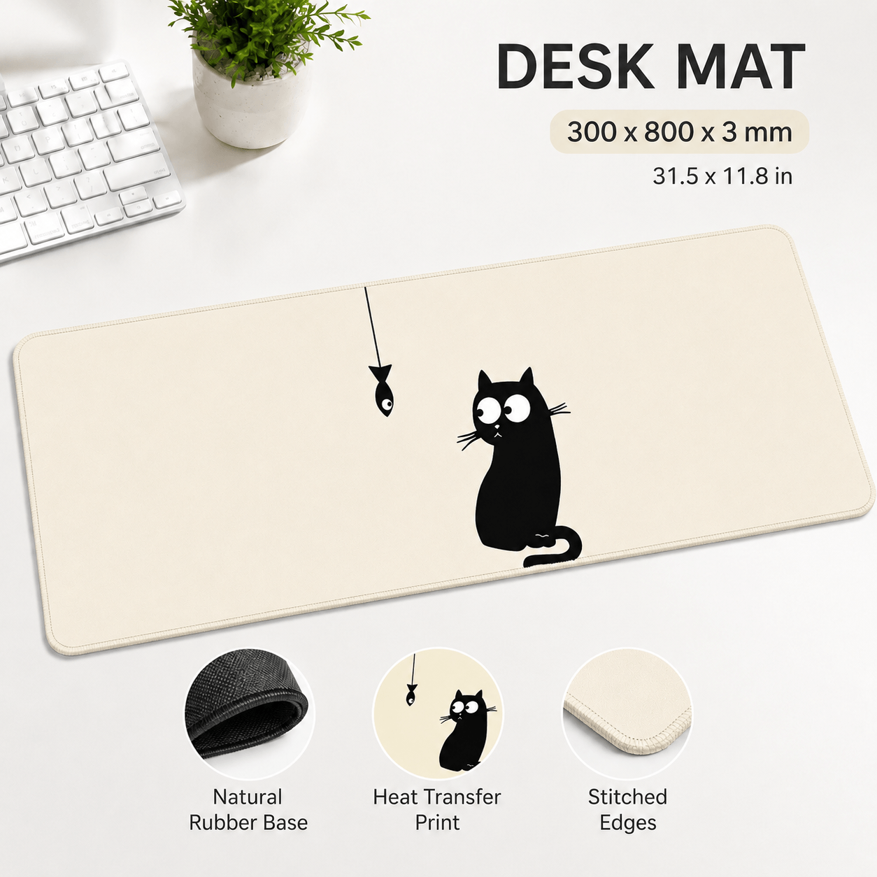 Black Cat & Little Fish Large Desk Mat – Non-Slip Extended Mouse Pad