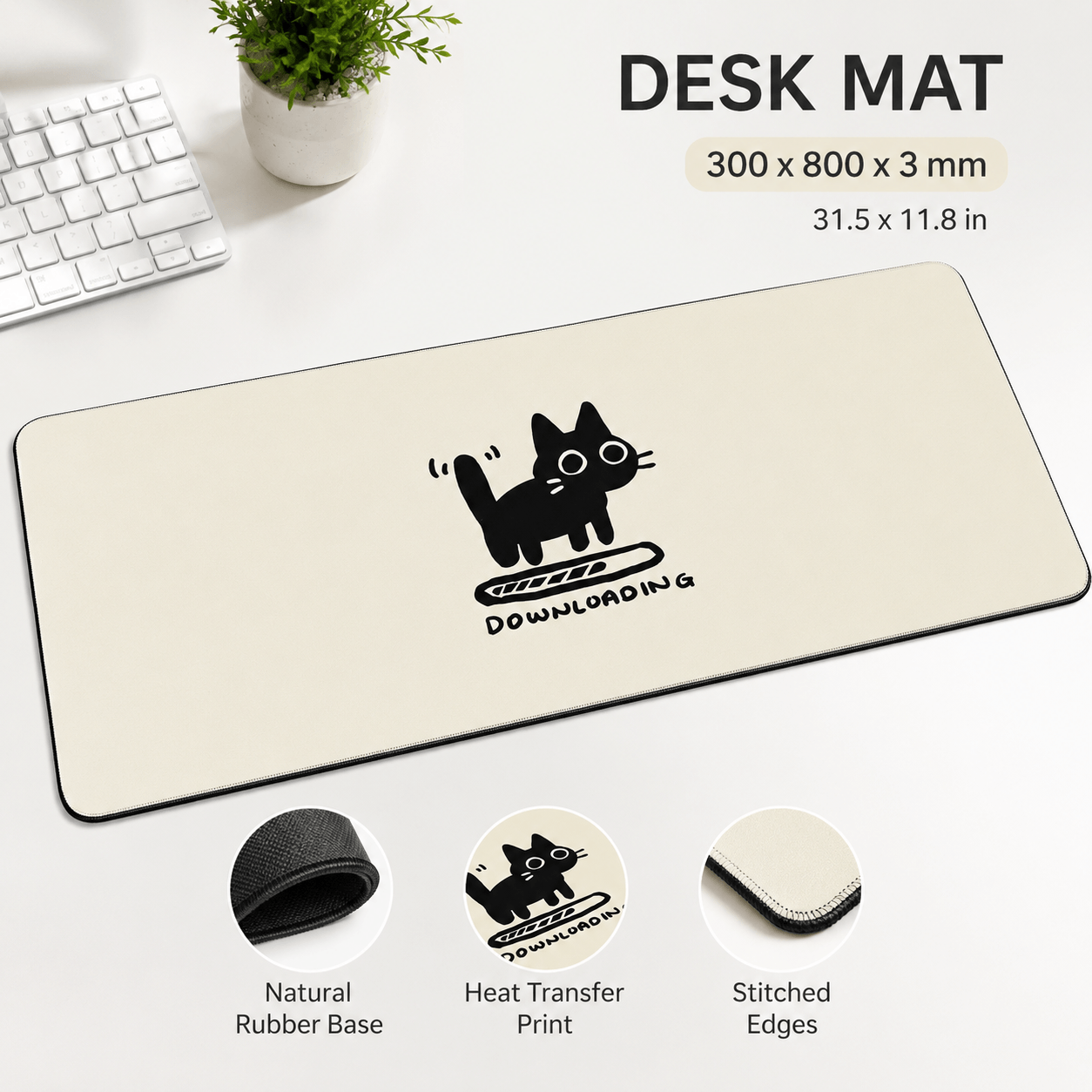 Black Cat Downloading Large Desk Mat – Cute Non-Slip Mouse Pad