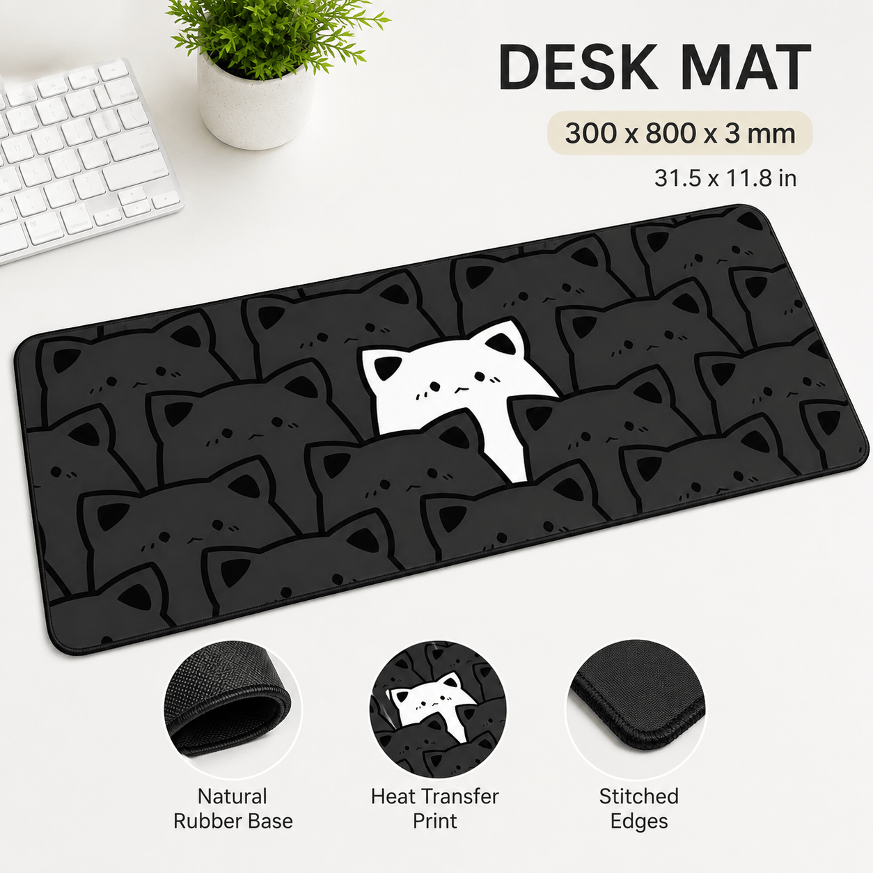 Black Cat Crowd Large Desk Mat – Non-Slip Extended Mouse Pad