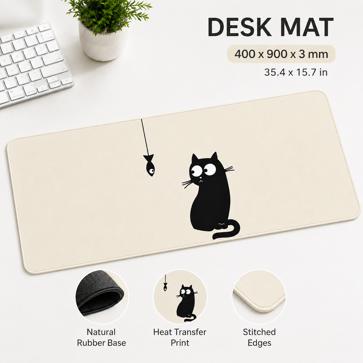 Black Cat & Little Fish Large Desk Mat – Non-Slip Extended Mouse Pad