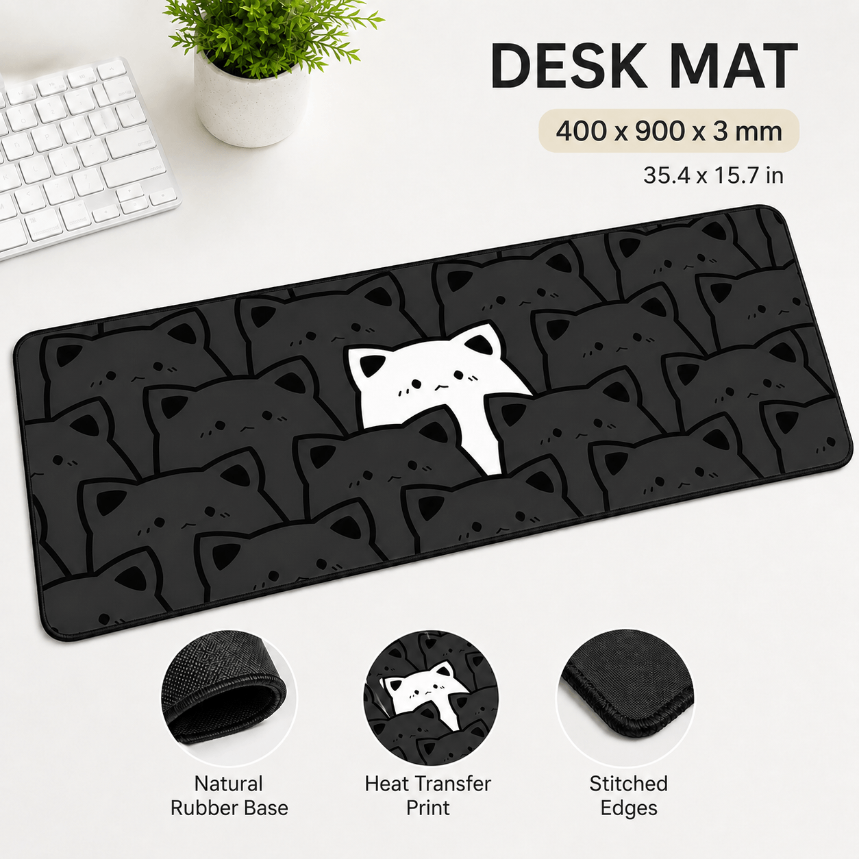 Black Cat Crowd Large Desk Mat – Non-Slip Extended Mouse Pad