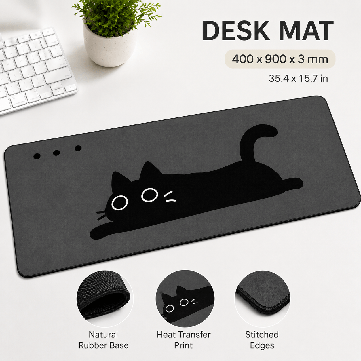 Minimal Black Cat Large Desk Mat – Non-Slip Extended Mouse Pad