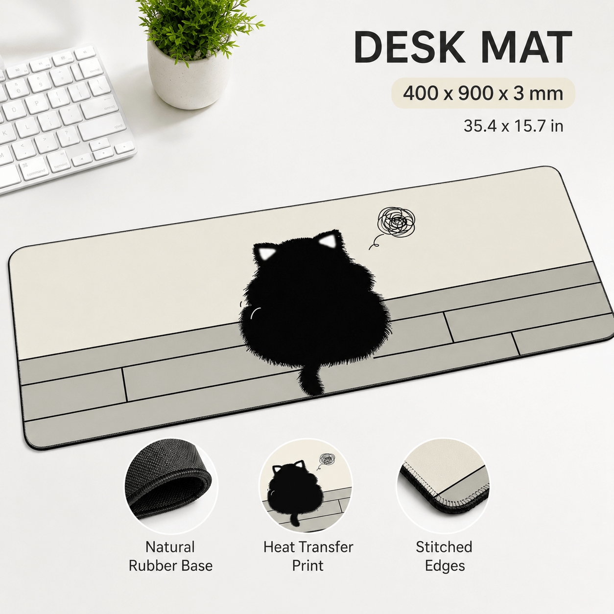 Fluffy Black Cat Large Desk Mat – Non-Slip Extended Mouse Pad for Cozy Desks