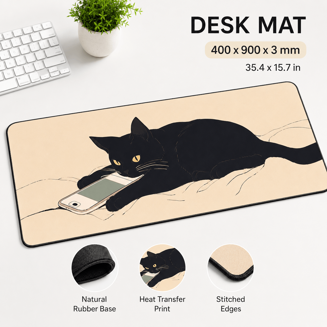 Black Cat Scroll Break Large Desk Mat – Non-Slip Extended Mouse Pad