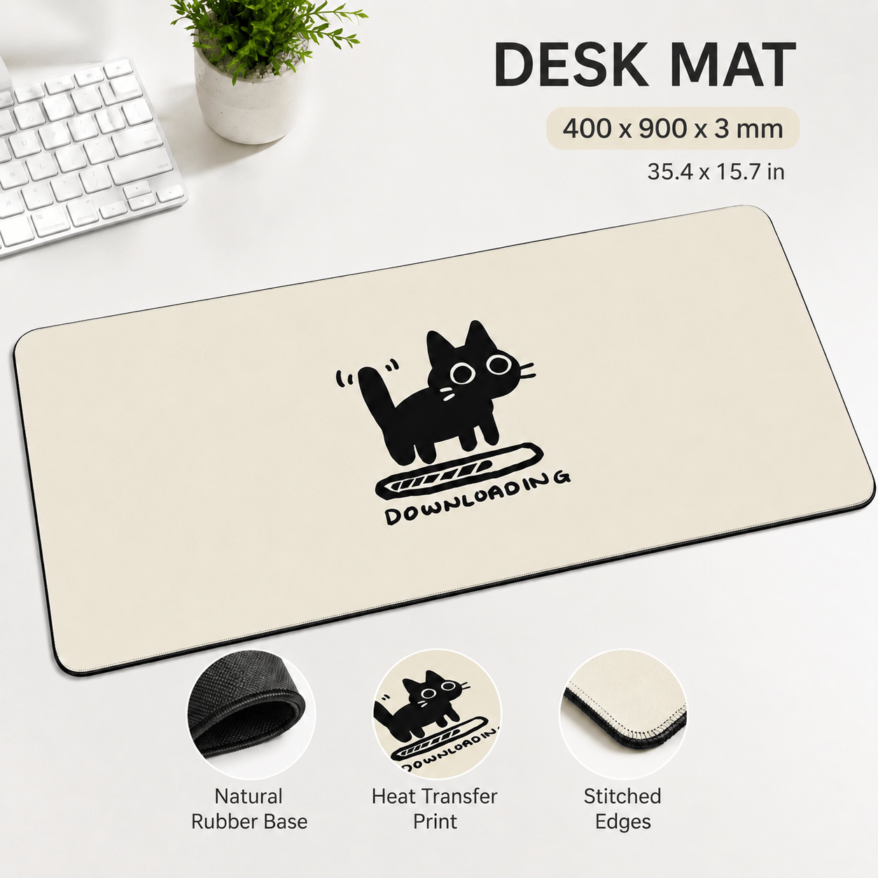 Black Cat Downloading Large Desk Mat – Cute Non-Slip Mouse Pad
