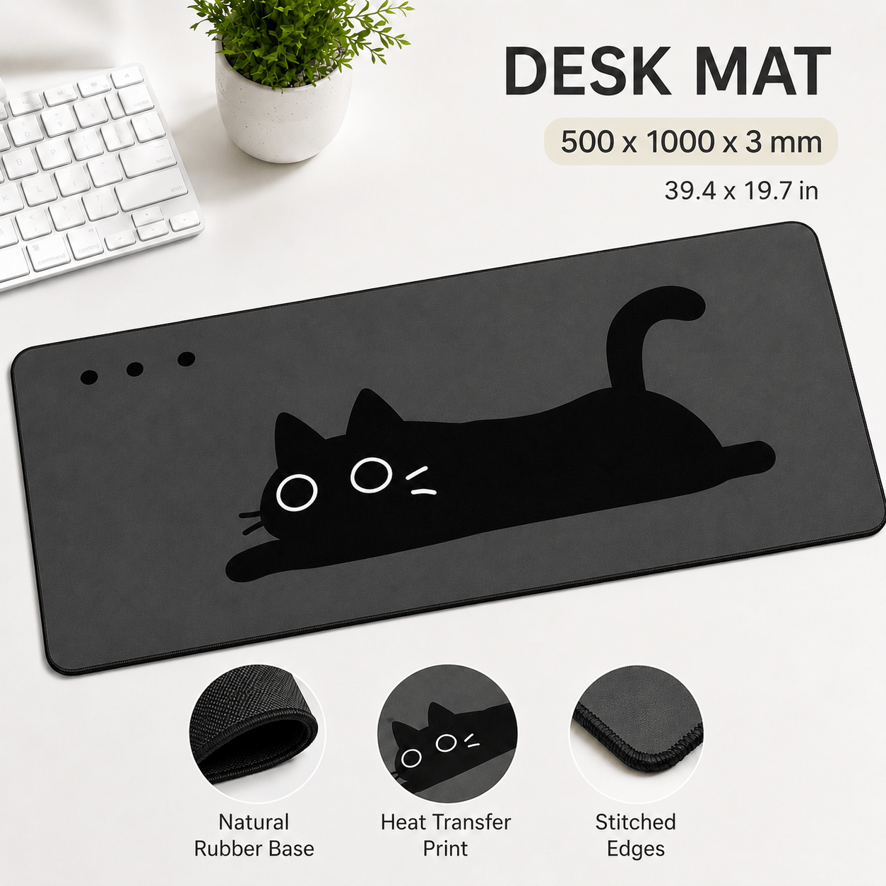 Minimal Black Cat Large Desk Mat – Non-Slip Extended Mouse Pad