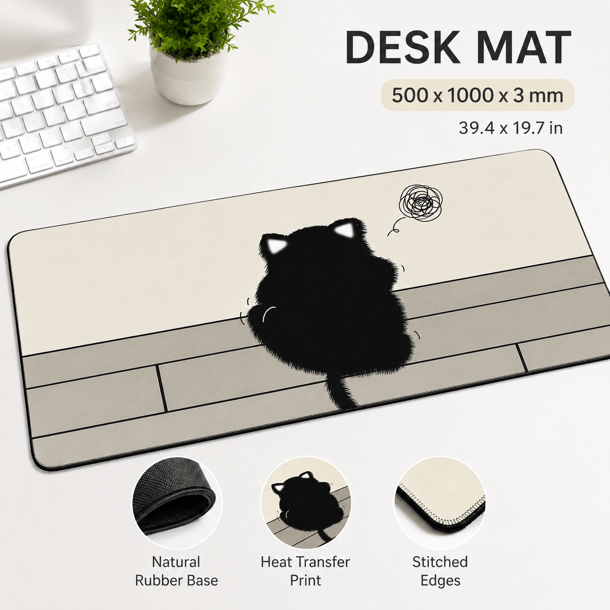 Fluffy Black Cat Large Desk Mat – Non-Slip Extended Mouse Pad for Cozy Desks
