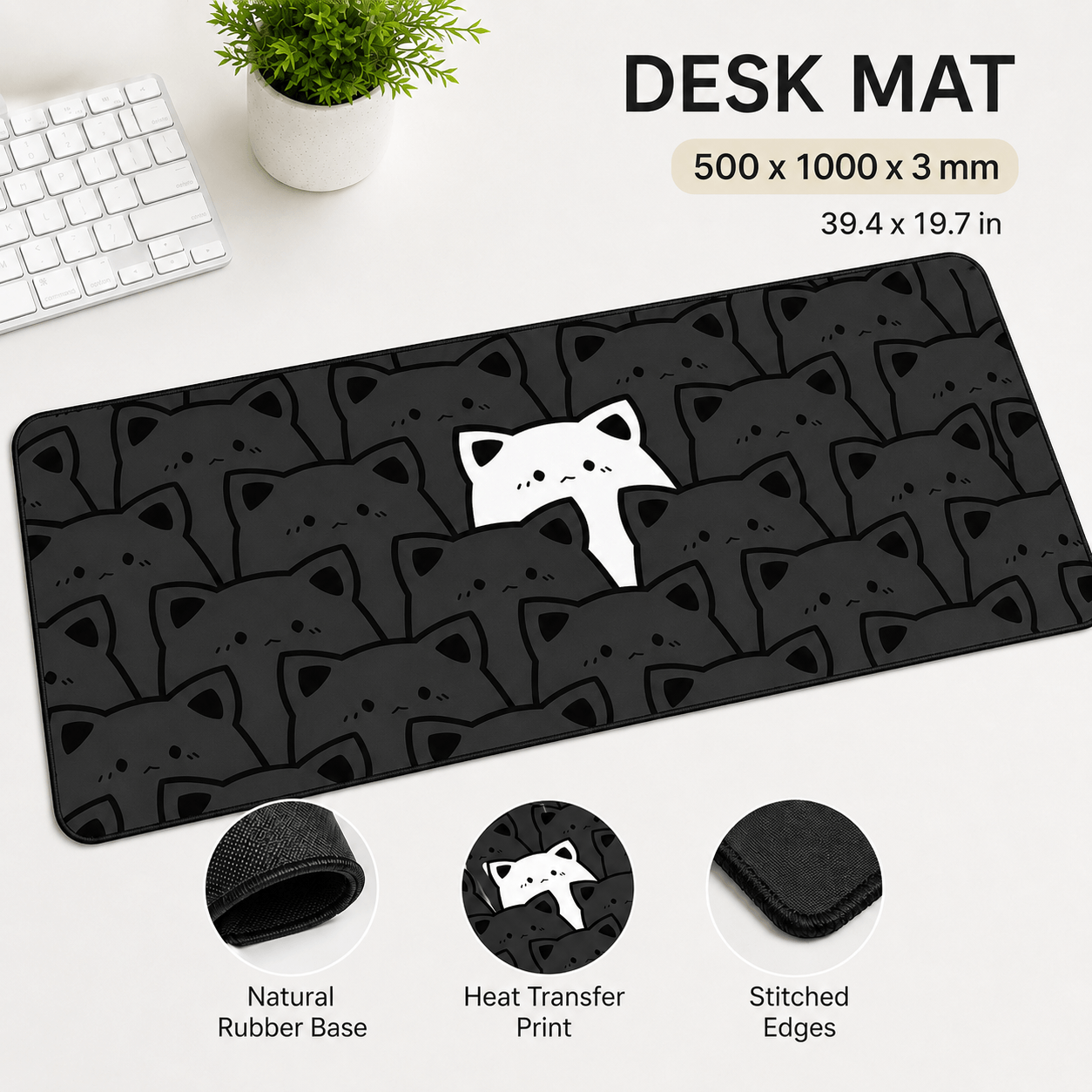 Black Cat Crowd Large Desk Mat – Non-Slip Extended Mouse Pad