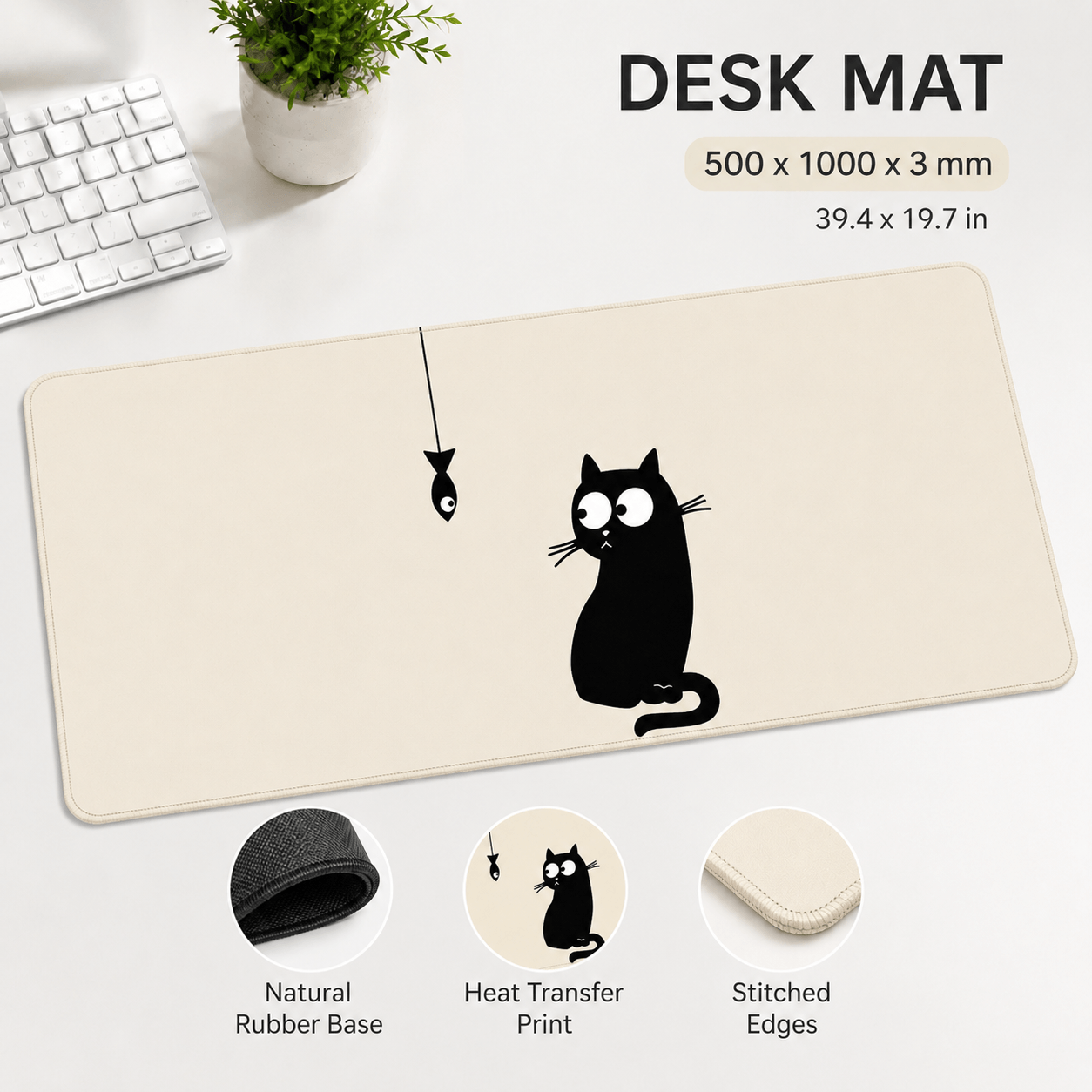 Black Cat & Little Fish Large Desk Mat – Non-Slip Extended Mouse Pad
