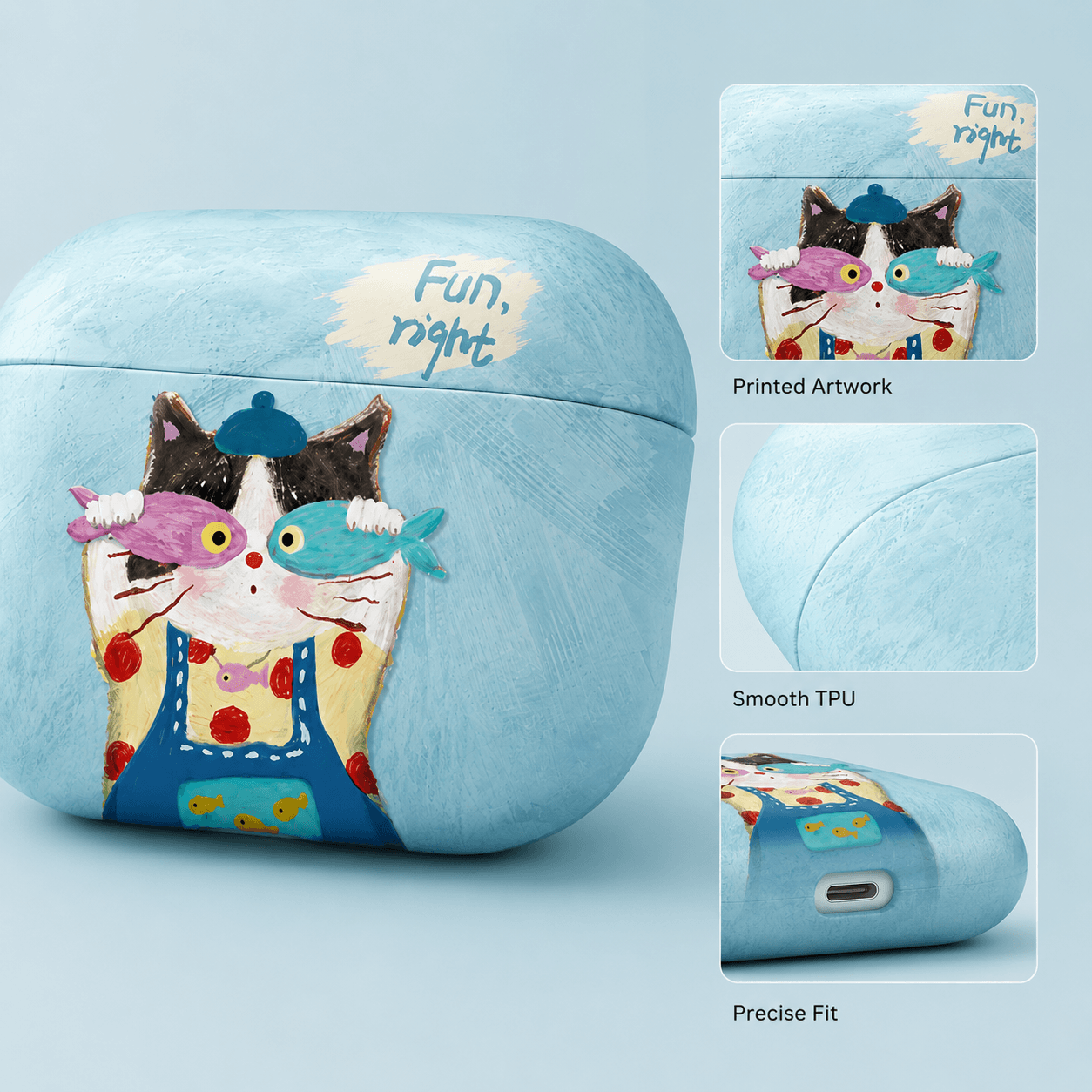 Sky Blue Fun Cat AirPods Case – Artistic Everyday Carry & Cute Gift