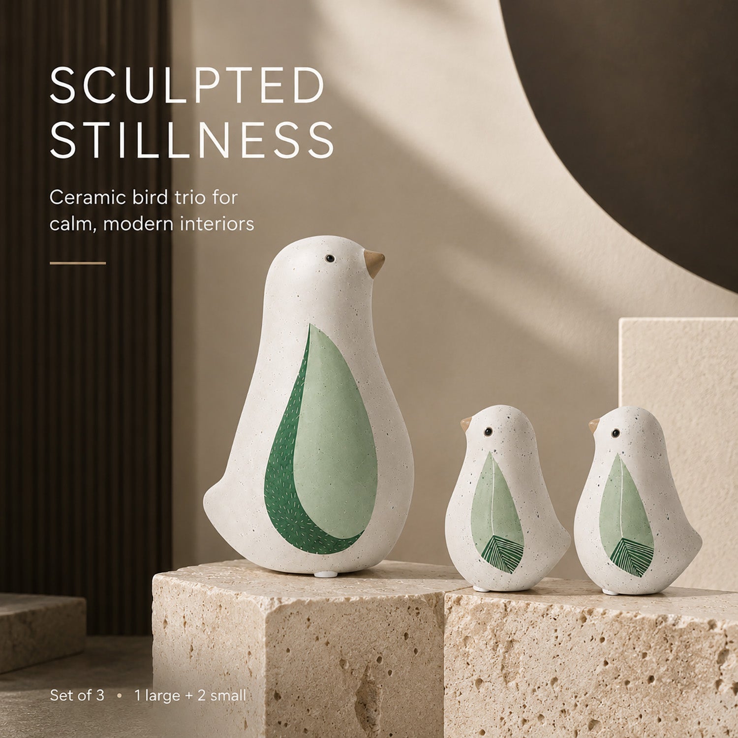 Speckled ceramic bird trio decor set with green leaf motif - image 2