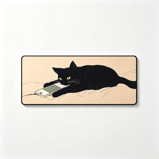 Black Cat Scroll Break Large Desk Mat – Non-Slip Extended Mouse Pad