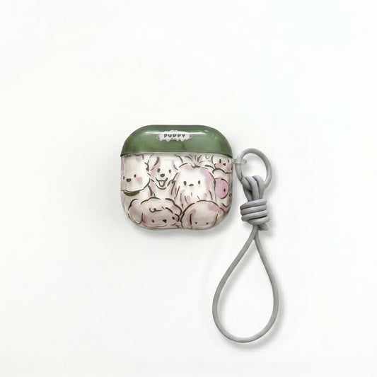 Cute Puppy Print AirPods Case with Detachable Gray Wrist Strap – Everyday Carry or Perfect Gift