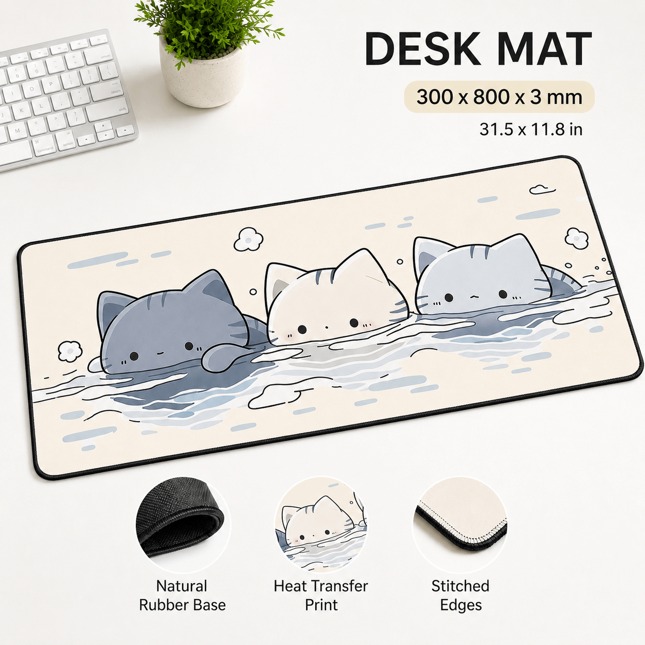 Cute Floating Cats Large Desk Mat – Non-Slip Cat Mouse Pad for Work, Study & Gaming