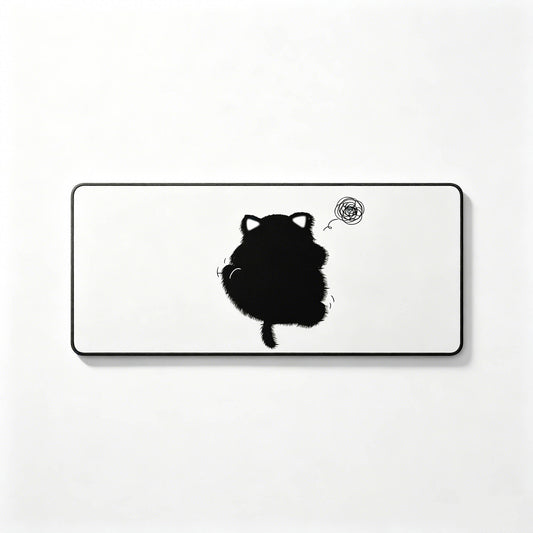 Fluffy Black Cat Large Desk Mat – Non-Slip Extended Mouse Pad for Cozy Desks