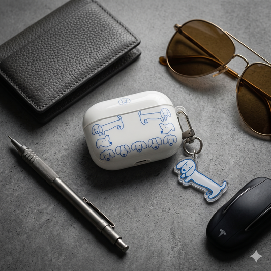 Cute Blue Dachshund AirPods Case with Puppy Keychain – Everyday Carry or Perfect Gift