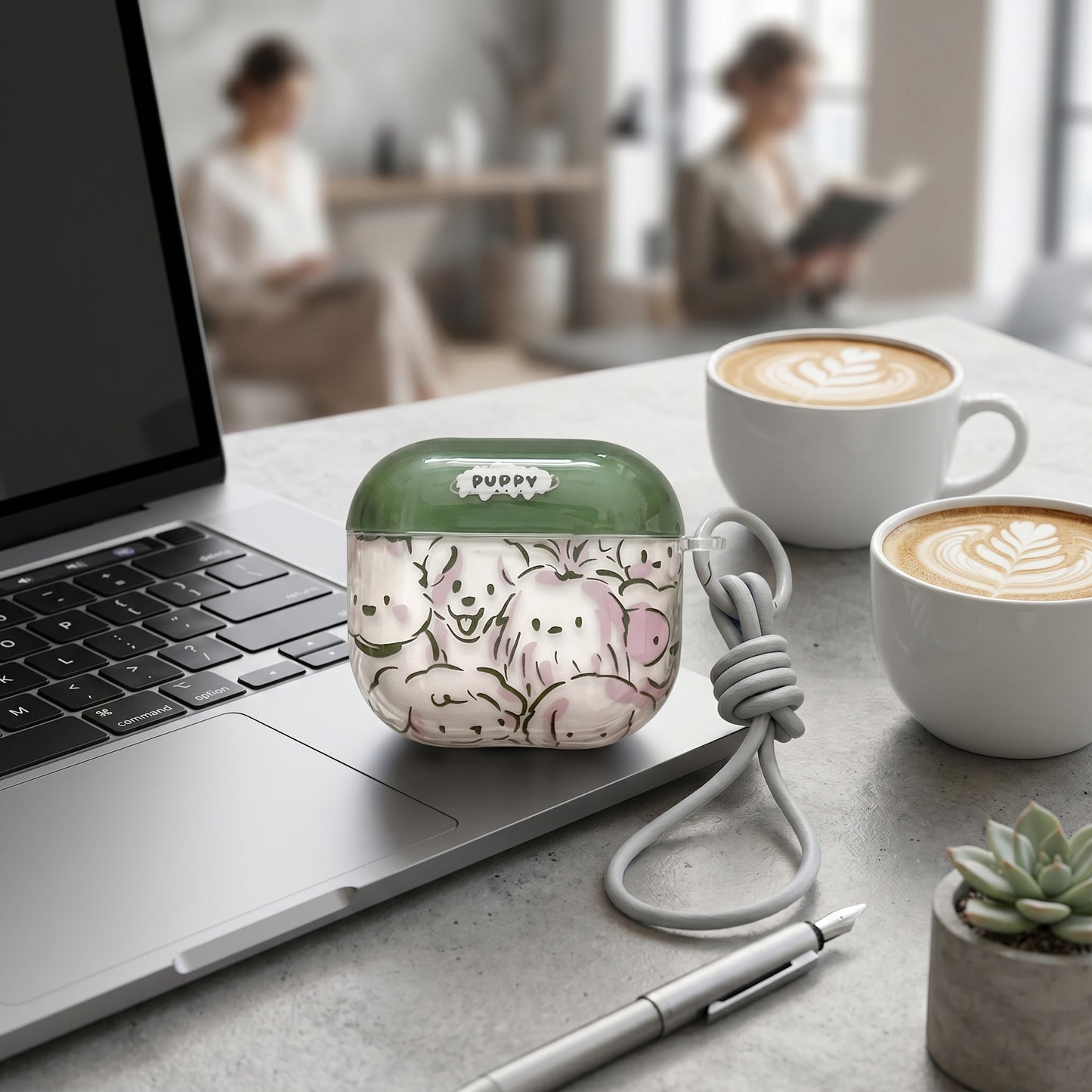 Cute Puppy Print AirPods Case with Detachable Gray Wrist Strap – Everyday Carry or Perfect Gift