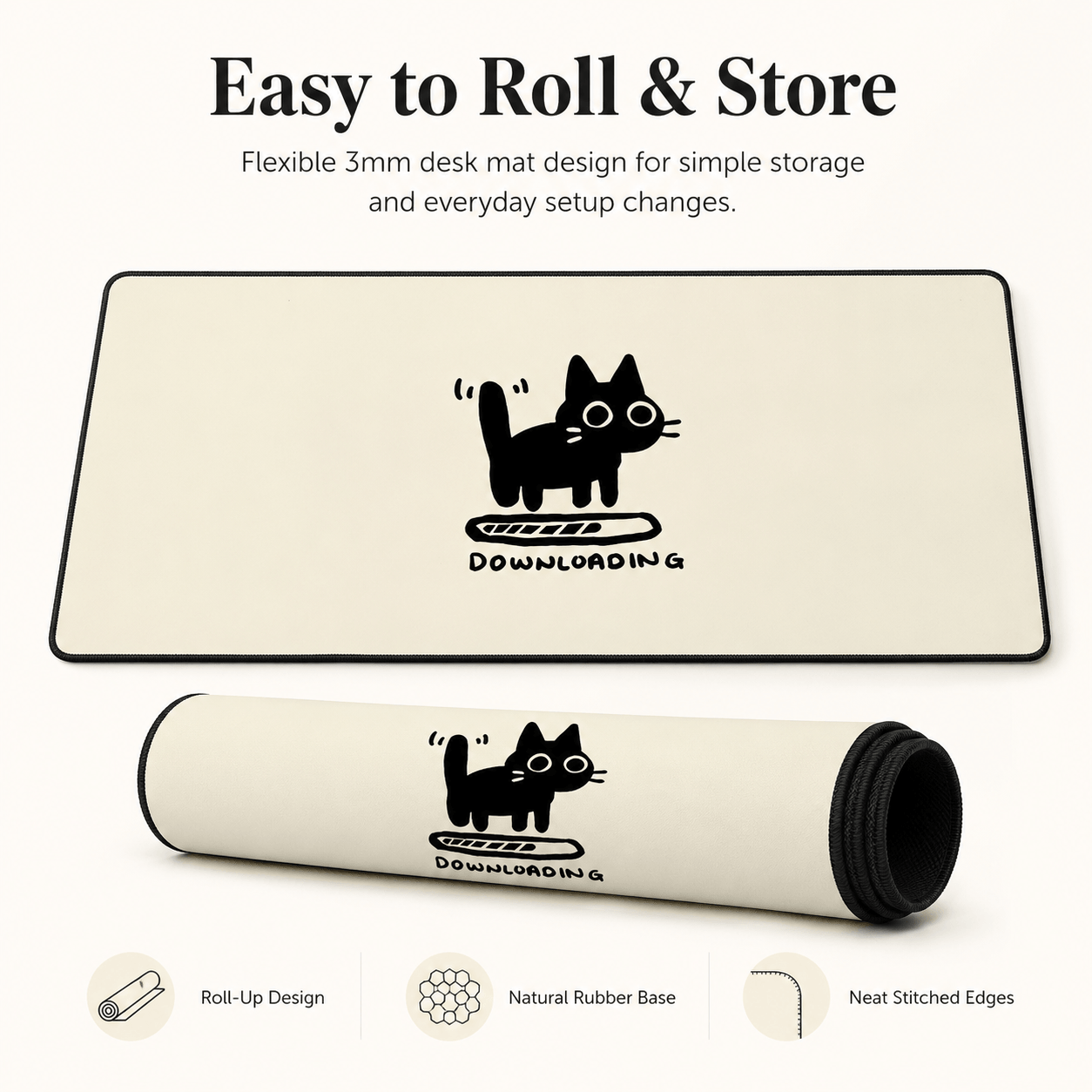 Black Cat Downloading Large Desk Mat – Cute Non-Slip Mouse Pad