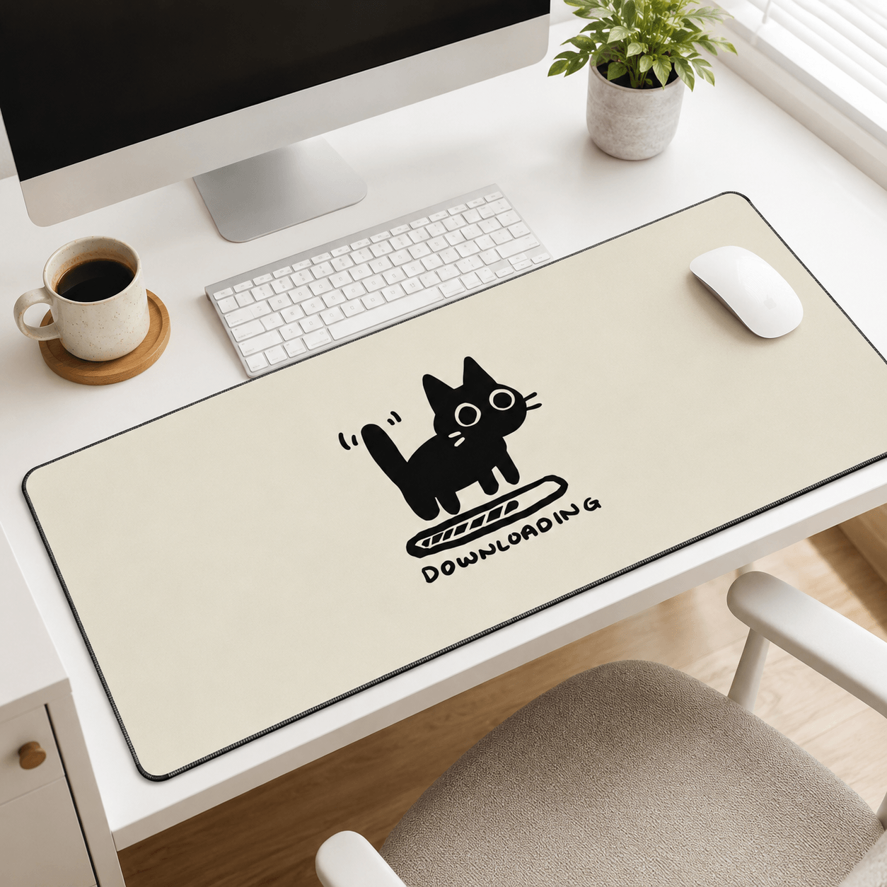 Black Cat Downloading Large Desk Mat – Cute Non-Slip Mouse Pad