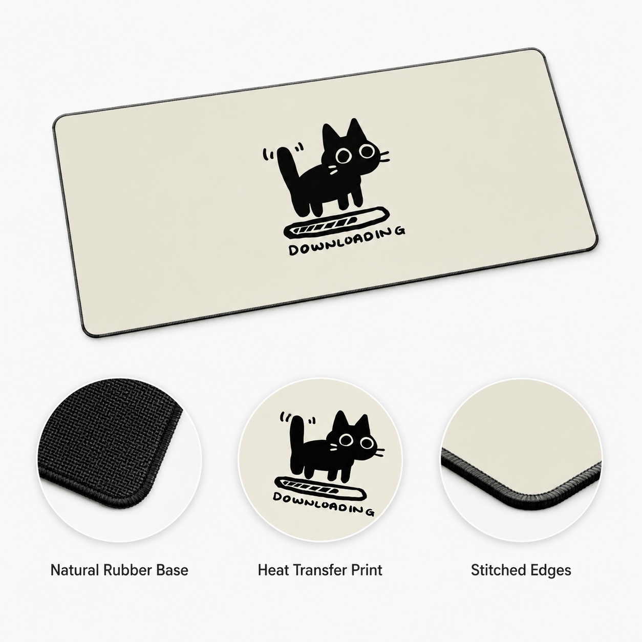 Black Cat Downloading Large Desk Mat – Cute Non-Slip Mouse Pad
