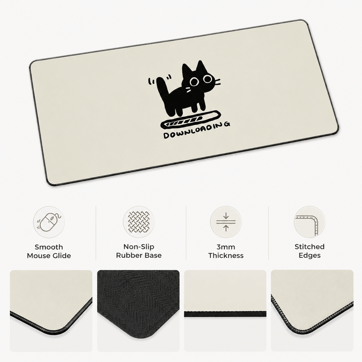 Black Cat Downloading Large Desk Mat – Cute Non-Slip Mouse Pad