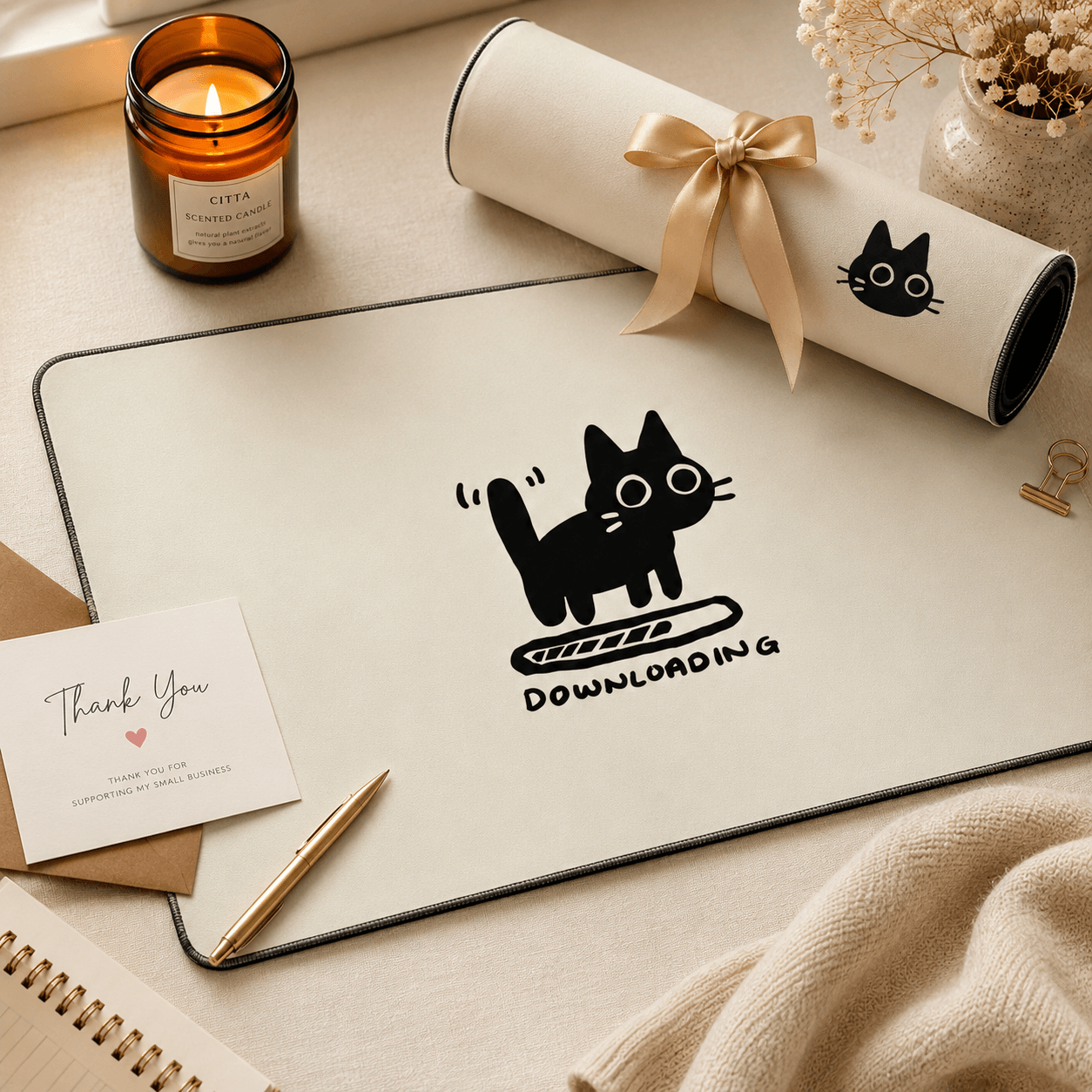 Black Cat Downloading Large Desk Mat – Cute Non-Slip Mouse Pad