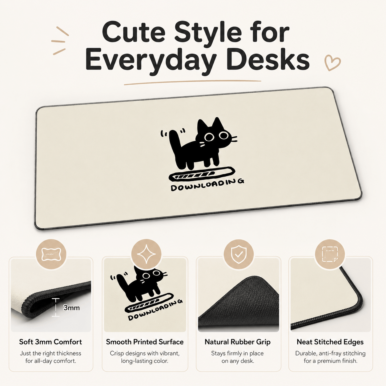 Black Cat Downloading Large Desk Mat – Cute Non-Slip Mouse Pad