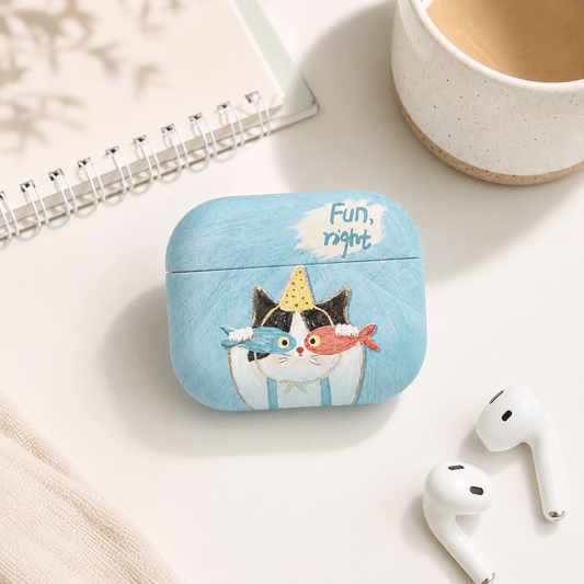 Sky Blue Party Cat AirPods Case – Playful Art Print Everyday Carry & Cute Gift