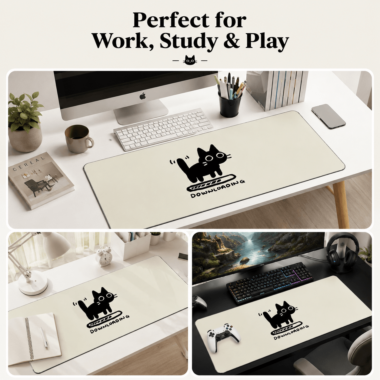 Black Cat Downloading Large Desk Mat – Cute Non-Slip Mouse Pad