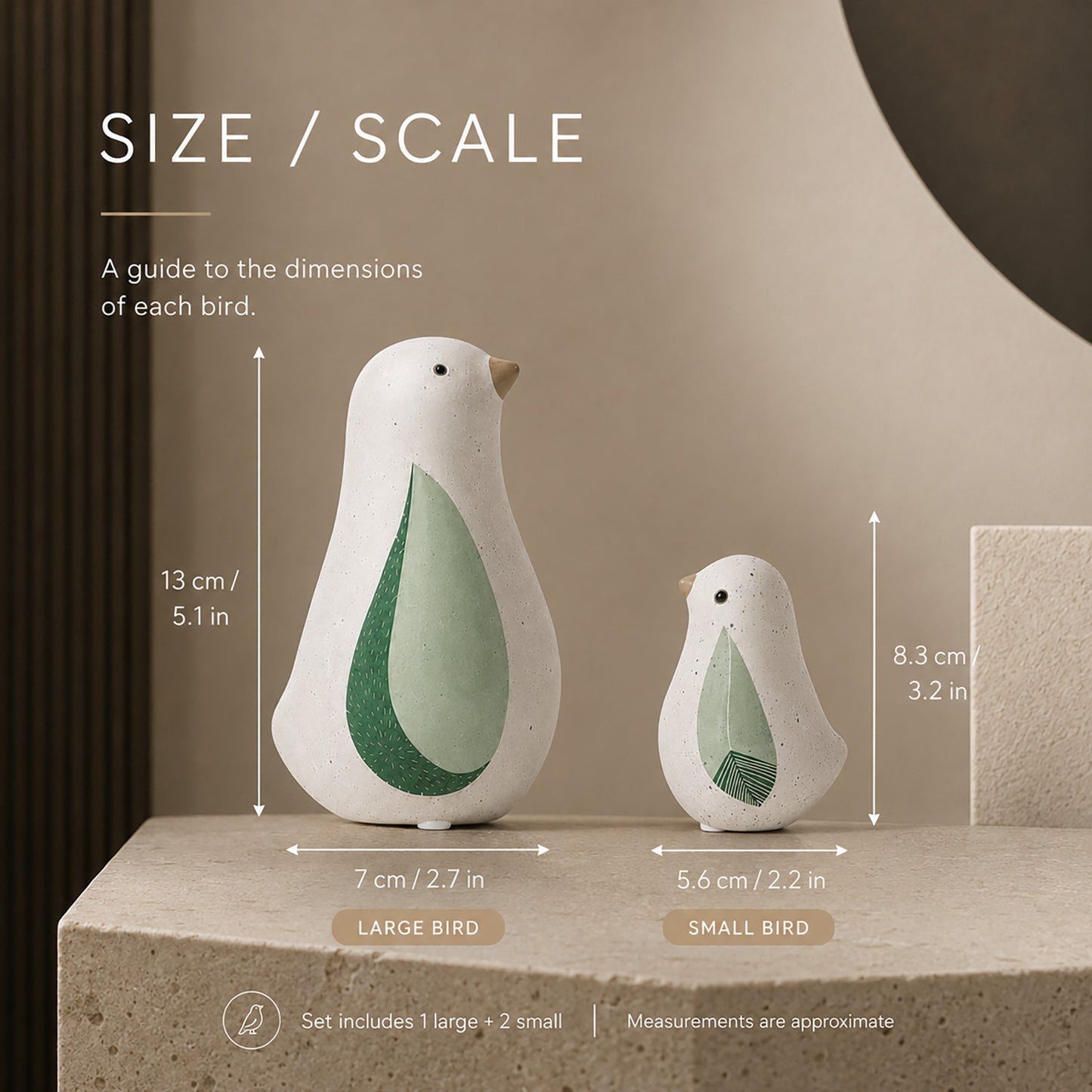 Speckled ceramic bird trio decor set with green leaf motif - image 3